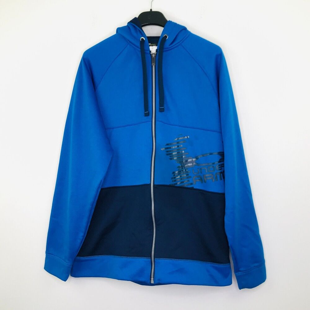 Under Armour Men's Medium Jacket Blue Colorblock Logo Loose Full Zip Hoodie BY24